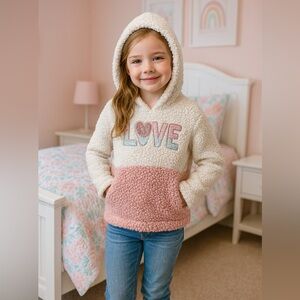 One Step Up Girl’s Sherpa Hoodie LOVE Pink & Cream Size 6X